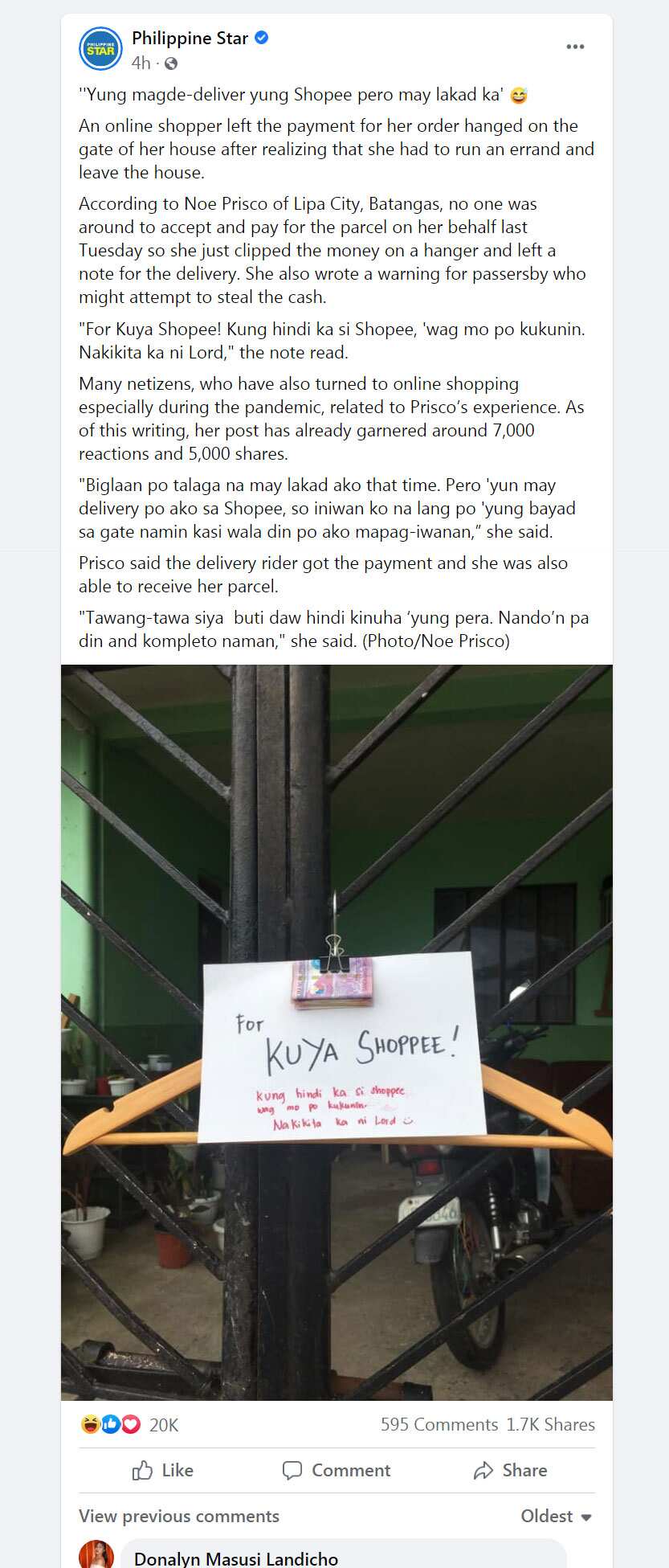 Customer, iniwan ang perang naka-clip sa gate: “For Kuya Shopee! Kung hindi ka si Shopee, 'wag mo po kukunin”