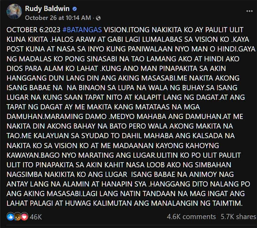 Rudy Baldwin, post ukol sa masamang pangitain, viral “Isang babae