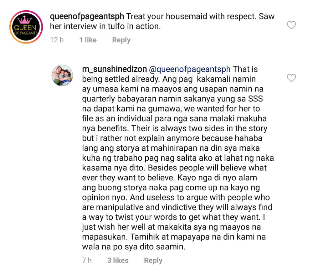 Sunshine Dizon reacts to her former helper's accusations against them
