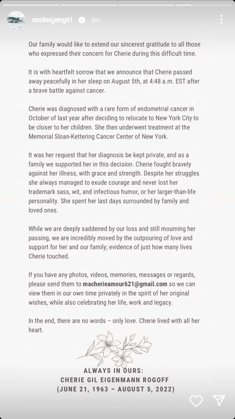 Andi Eigenmann posts official statement of their family on Cherie Gil's passing