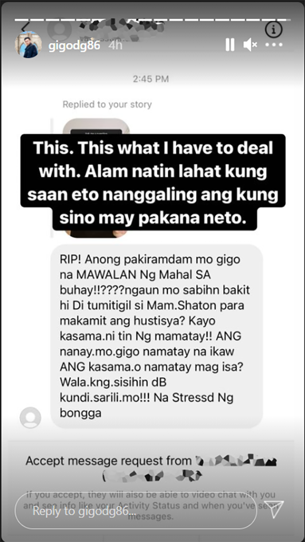 Gigo de Guzman receives malicious message while grieving the death of his mother, Claire Dela Fuente