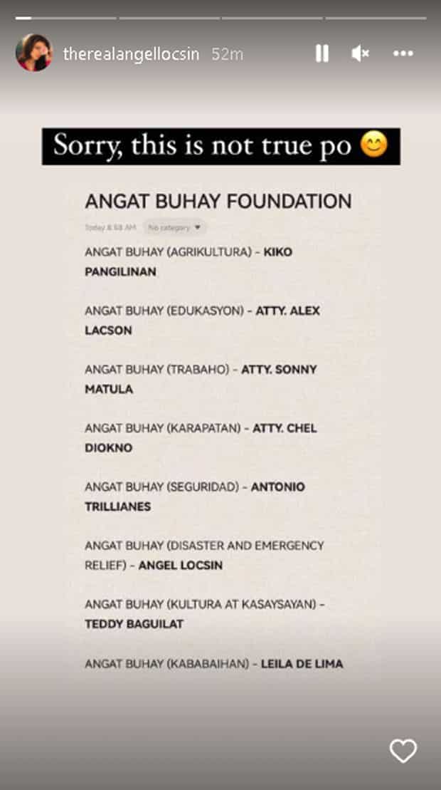 Angel Locsin, sinabing hindi totoo ang kumakalat na info tungkol sa "Angat Buhay Foundation"
