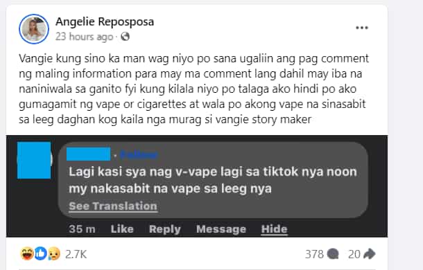 Lie Reposposa, umalma sa netizen na nagsabing nag-ve-vape daw siya