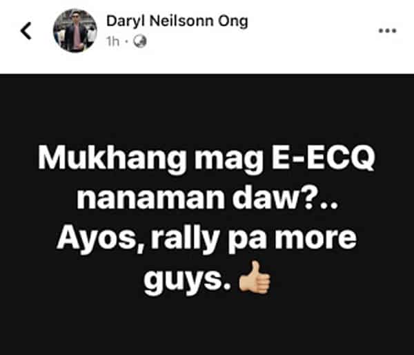 Daryl Ong engages in word war with netizen who called him "tanga" for his ECQ-rally post