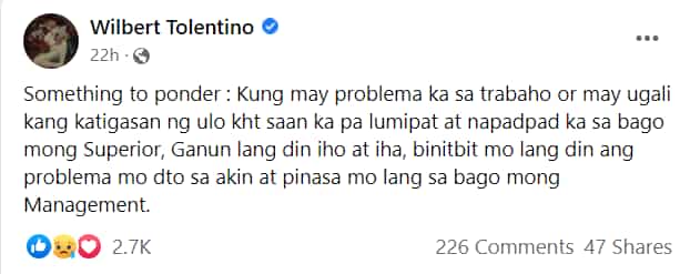 Wilbert Tolentino, nag-post tungkol sa problemang dala ng taong may katigasan ng ulo