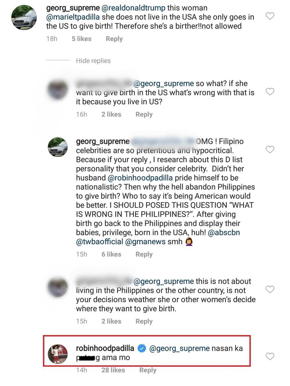 Robin Padilla curses at netizen who wants to report Mariel to US government