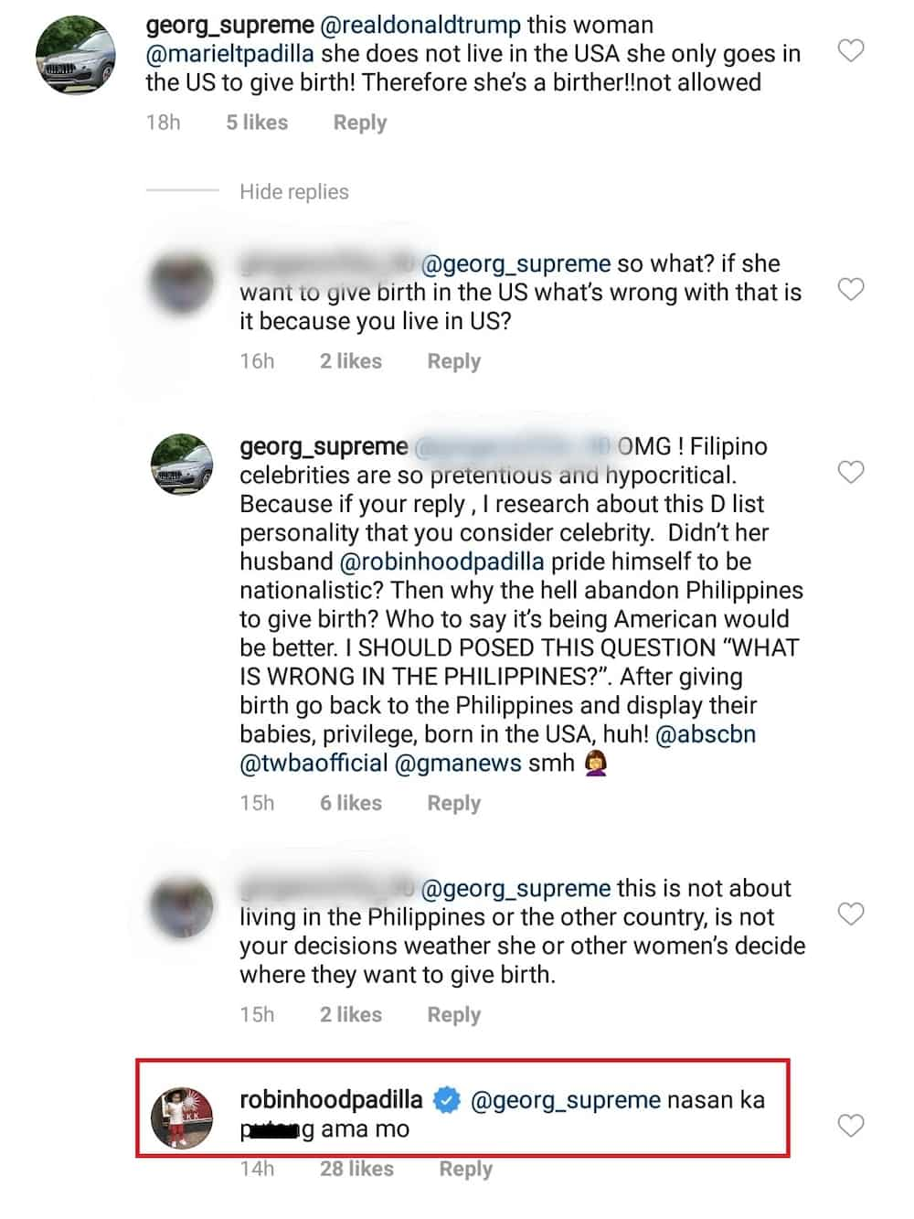 Robin Padilla curses at netizen who wants to report Mariel to US government