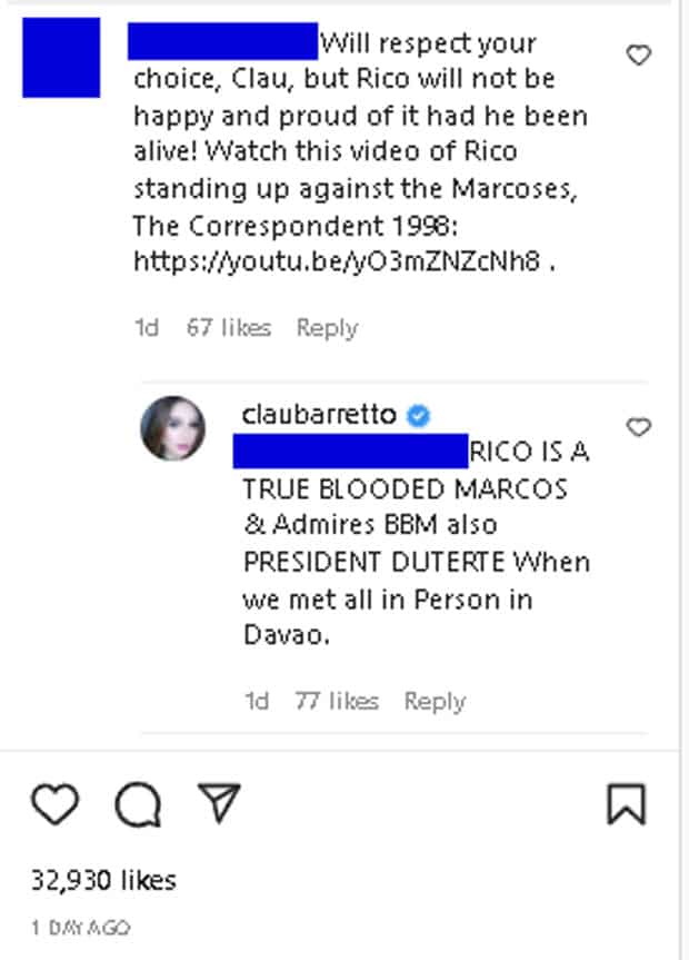Claudine Barretto claims Rico Yan is a "true blooded Marcos" and admires BBM