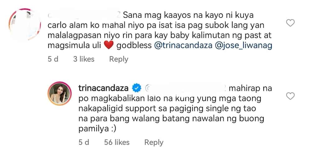 Trina Candaza, sinagot ang netizen na umaasang magkakabalikan sila ni Carlo Aquino: "mahirap na po"