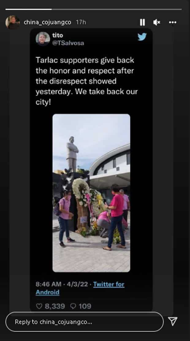 China Cojuangco, ibinahagi photos ng monumento ni Ninoy na may mga bulaklak pagkatapos itong takpan ng tent