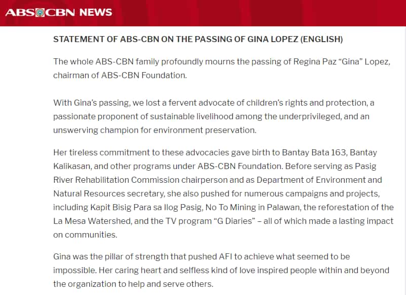 Environmentalist Gina Lopez passes away at 65