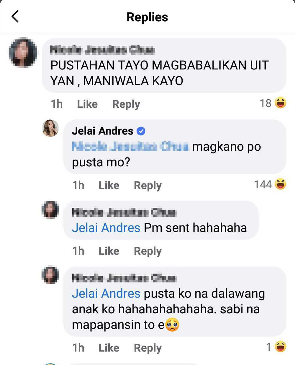 Jelai Andres, hindi pinalambas ang netizen na naghamon ng pustahan