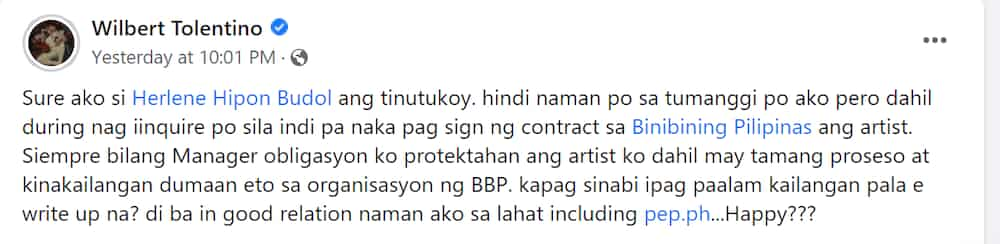 Wilbert Tolentino, pumalag sa blind item na umano'y si Herlene Budol ang tinutukoy