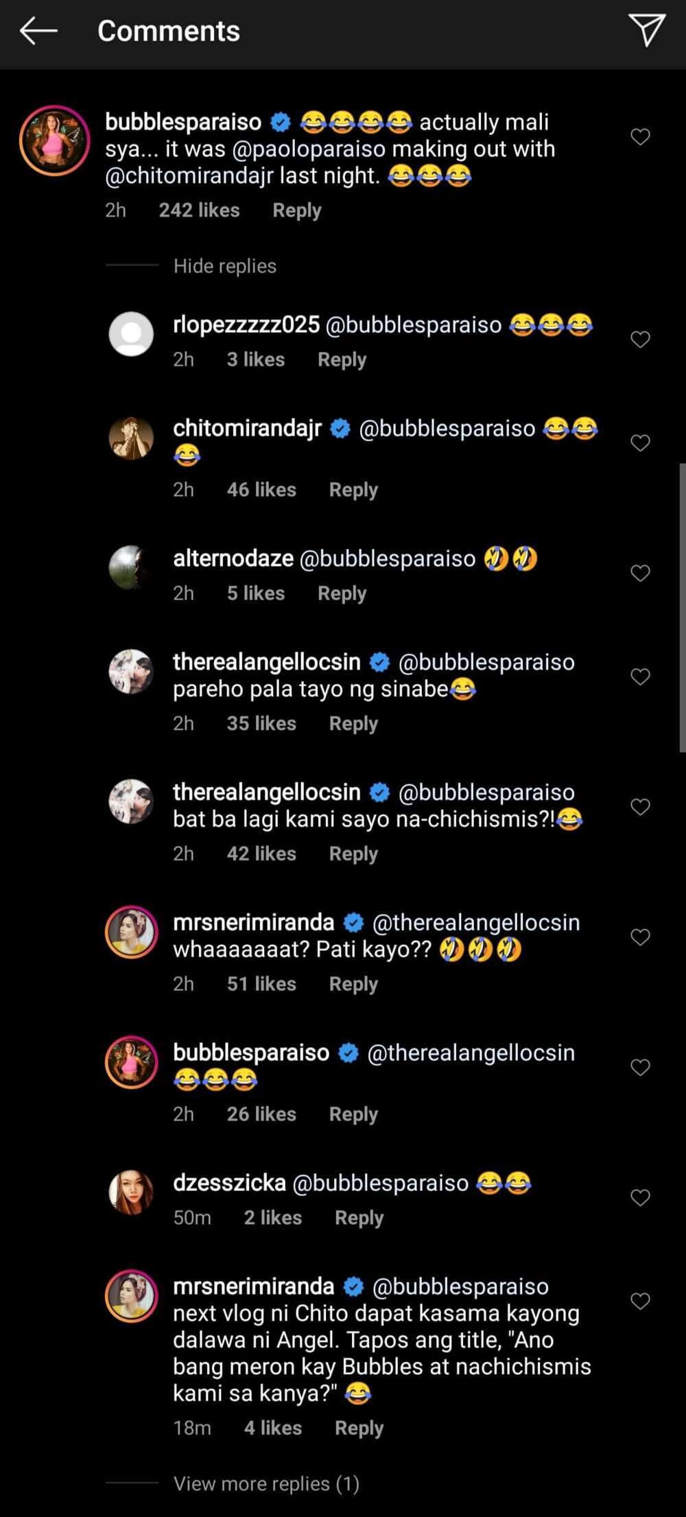 Chito Miranda, Bubbles Paraiso, & Angel Locsin react to Neri's "making out" post
