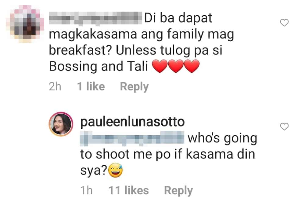 Pauleen Luna answers netizen asking why Vic and Tali were missing during breakfast