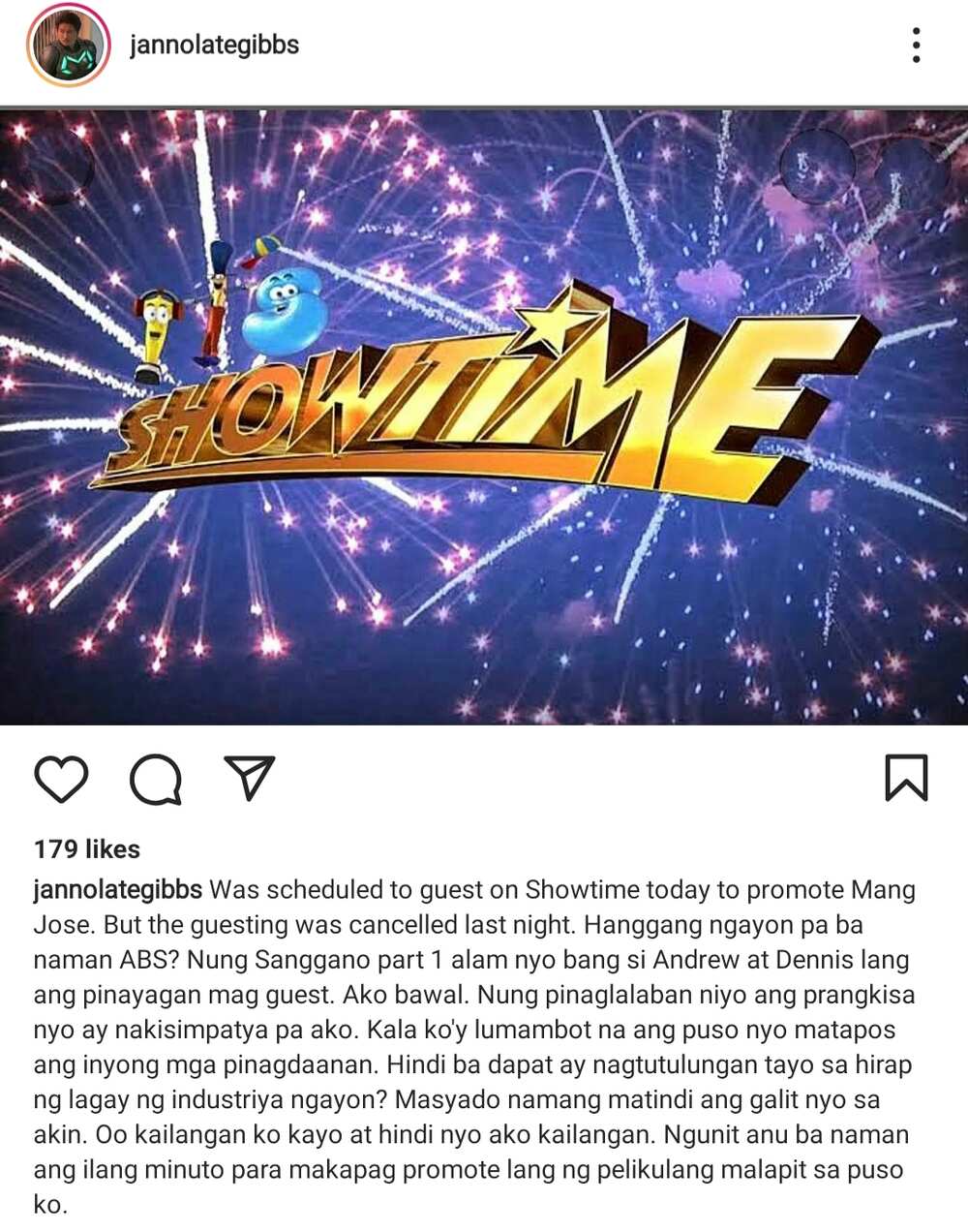 Janno Gibbs expresses dismay over canceled guesting on 'It's Showtime' Janno Gibbs expresses dismay over canceled guesting on 'It's Showtime'