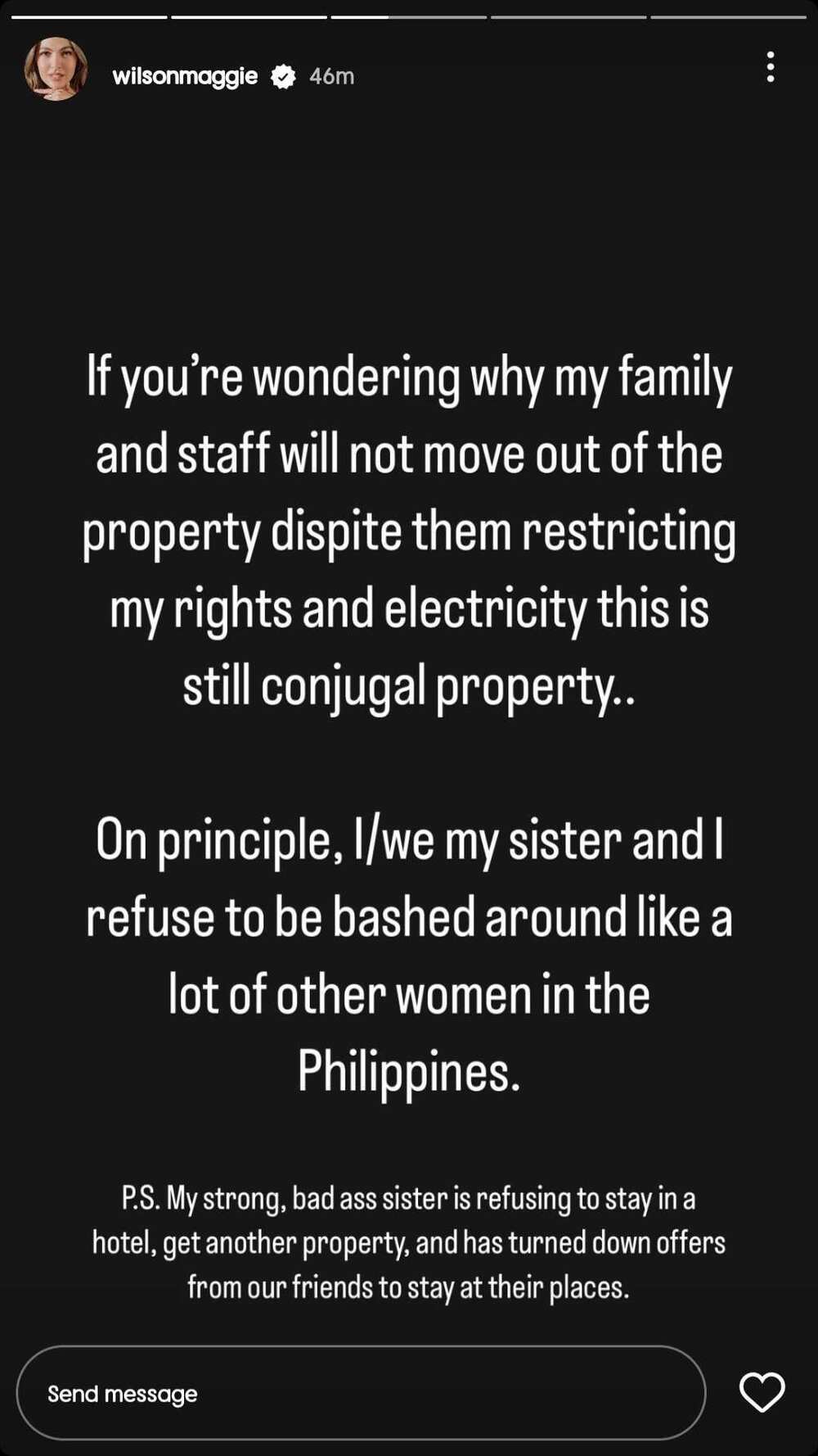 Maggie Wilson, ipinaliwanag kung bakit di sila aalis ng bahay: "Conjugal property" Maggie Wilson, ipinaliwanag kung bakit di sila aalis ng bahay: "Conjugal property"