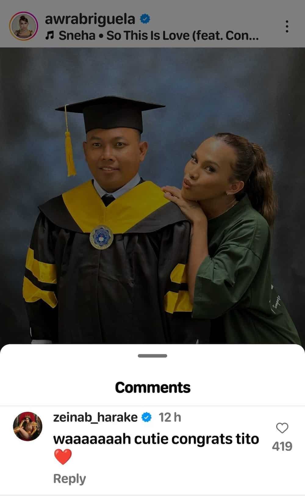 Zeinab Harake positively reacts to Awra Briguela’s post on dad Oneal Brian earning master's degree