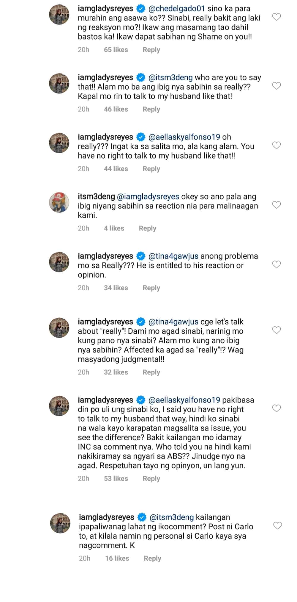 Gladys Reyes, rumesbak sa nag-mura sa kanyang asawa kaugnay ng ABS-CBN crisis