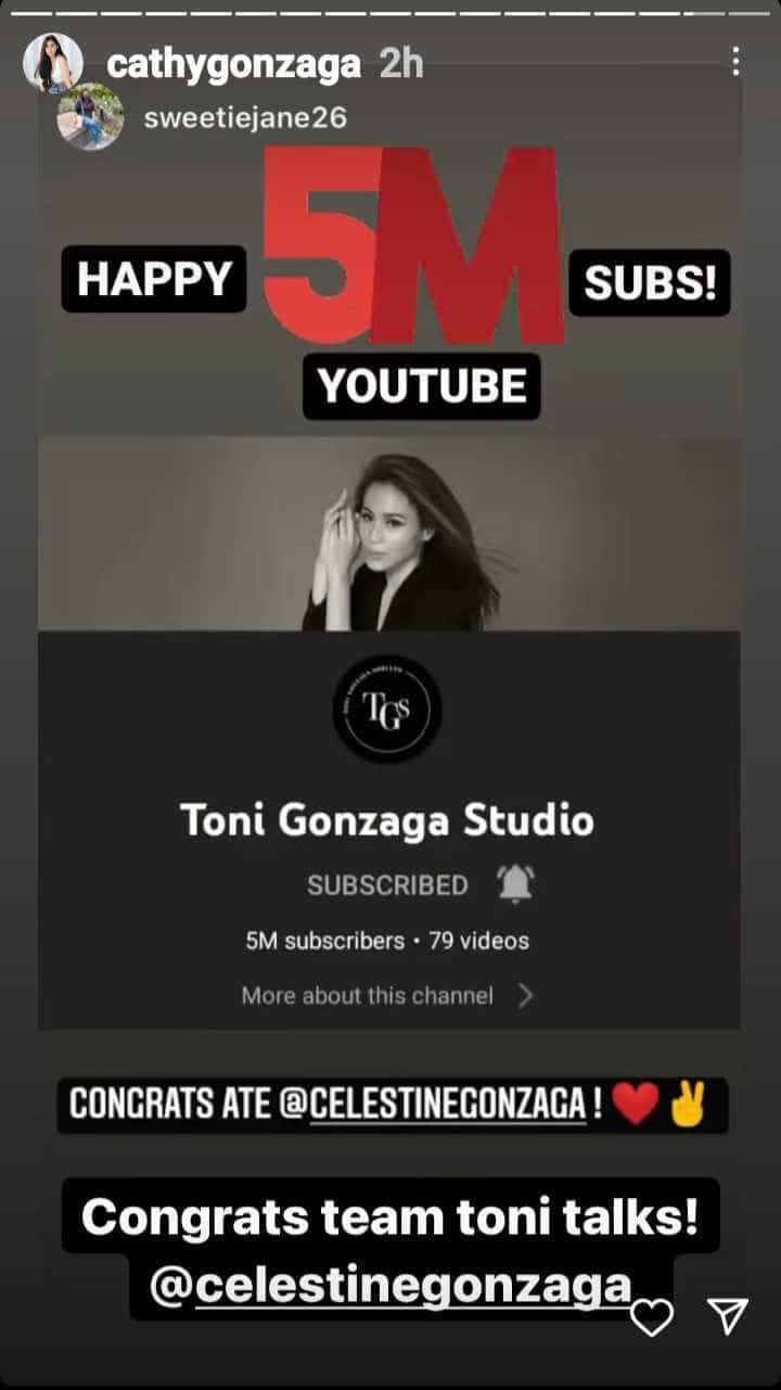 Alex Gonzaga congratulates Toni Gonzaga, Toni Talks team for reaching 5M YT subscribers