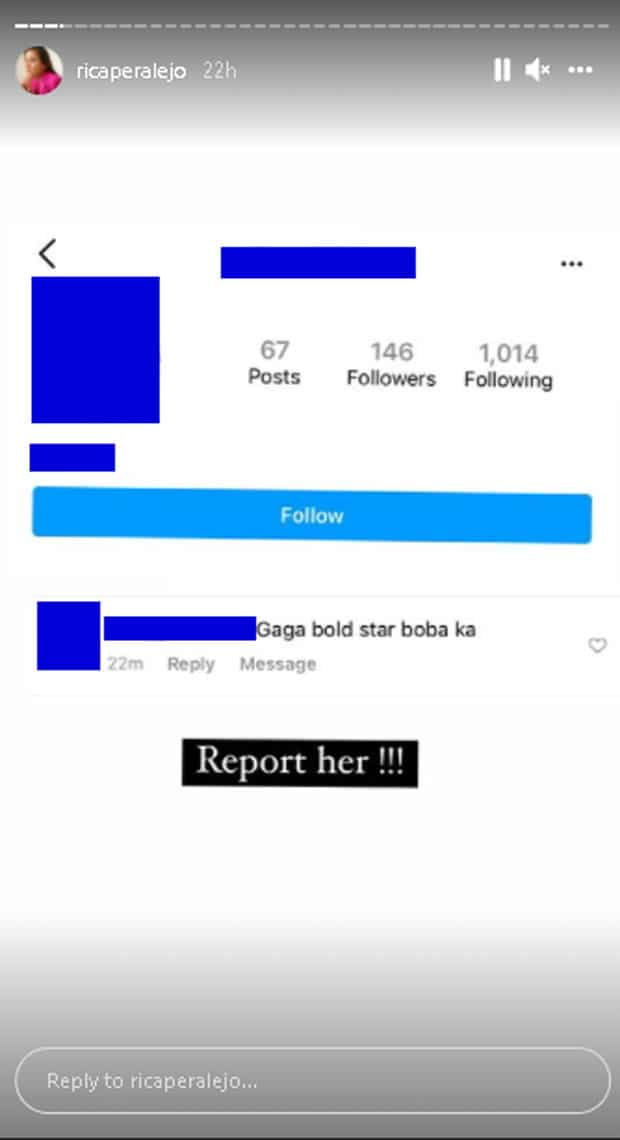 Rica Peralejo, tinukoy ang isang troll account na nang-iinsulto sa kanya: "Report her"