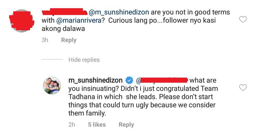 Sunshine Dizon rebukes netizen who speculated she has a rift with Marian Rivera Sunshine Dizon rebukes netizen who speculated she has a rift with Marian Rivera