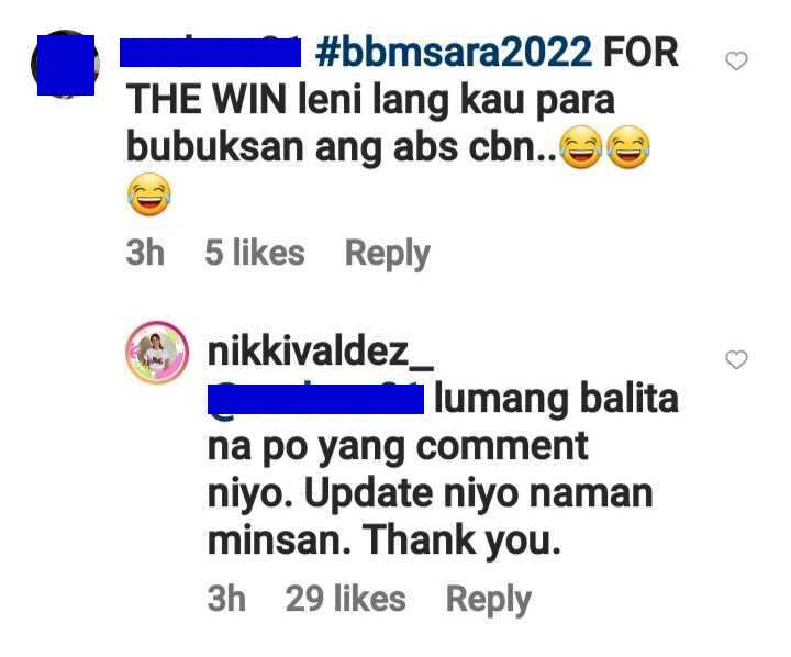 Nikki Valdez claps back at netizen’s claim that celebs support VP Leni “para bubuksan ang ABS-CBN”
