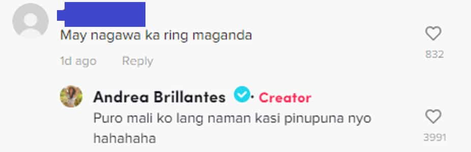 Andrea Brillantes reacts to a comment from a netizen: "Puro mali ko lang naman kasi pinupuna nyo"