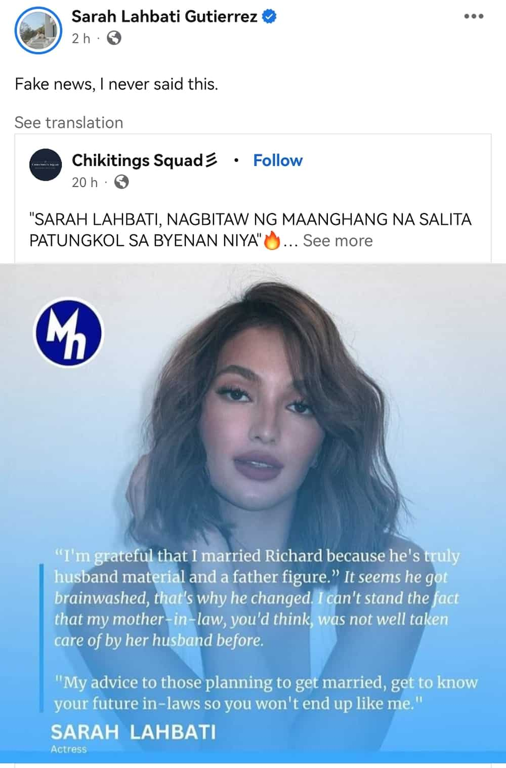 Sarah Lahbati, pinabulaanan ang kumakalat na fake quote card: 