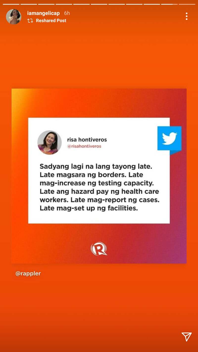 Angelica Panganiban bravely retweets "late" list of Sen. Hontiveros; takes a swipe at COVID response of PH