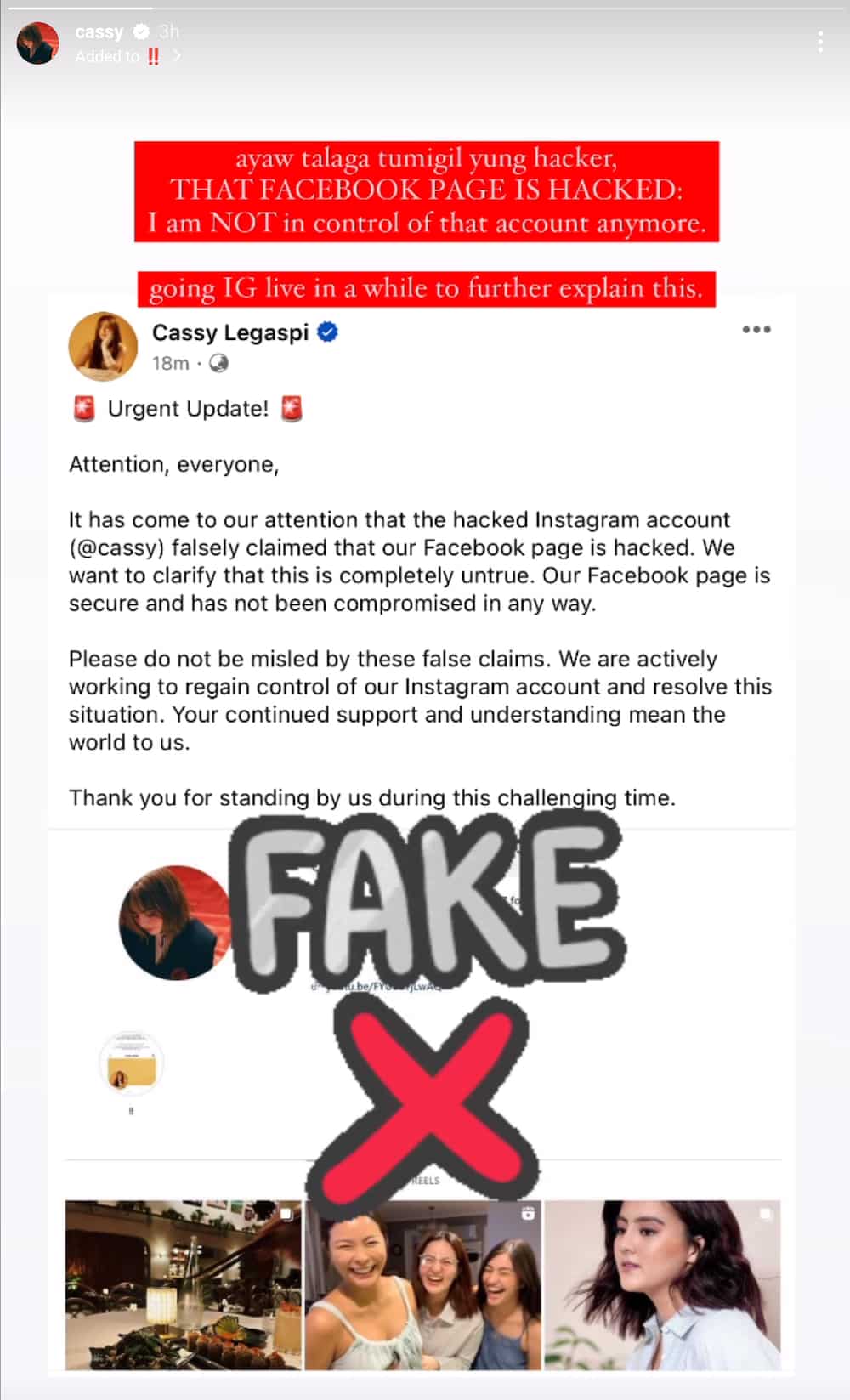 Cassy Legaspi, rumesbak sa post ng Facebook page niyang aniya ay na-hack