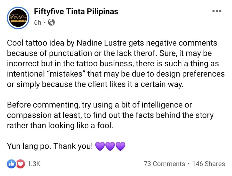 Tattoo shop, dinepensahan ang "thats it" tattoo ni Nadine Lustre mula sa mga bashers