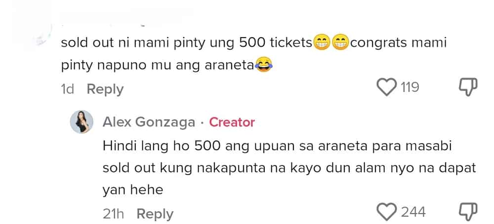Alex Gonzaga slams comment about Mommy Pinty buying 500 tickets for Toni’s concert