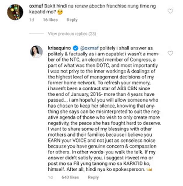 Kris Aquino breaks silence, responds haughtily to netizen who asked about ABS-CBN's franchise