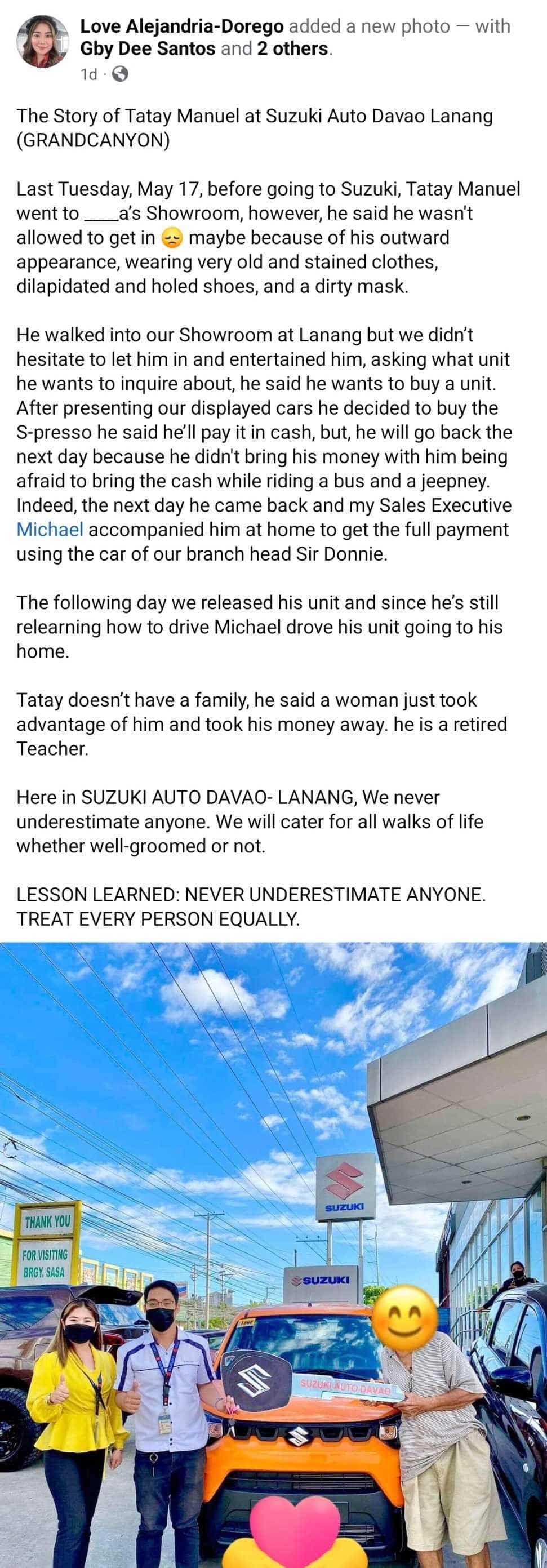 Lolo, hindi pinapasok sa showroom; nagbayad in cash sa ibang car dealership Lolo, hindi pinapasok sa showroom; nagbayad in cash sa ibang car dealership