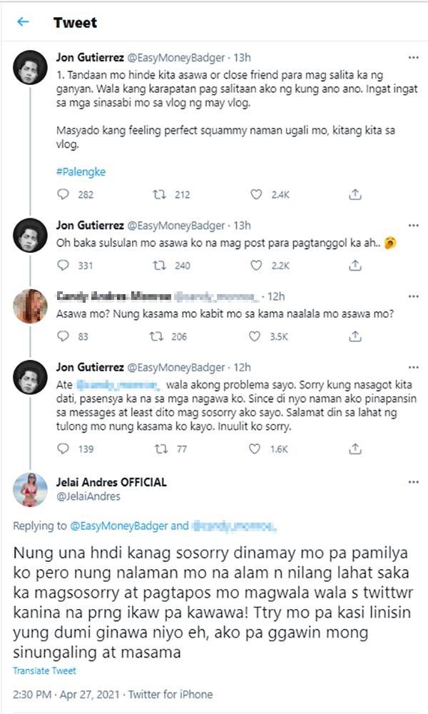 Jelai Andres sinupalpal ang "apology" ni Jon Gutierrez: "dinamay mo pa pamilya ko"