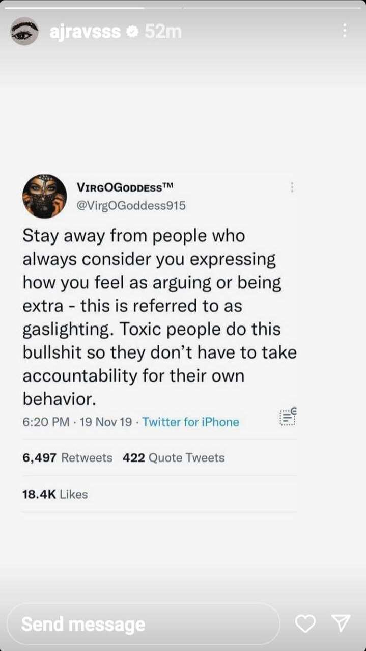 AJ Raval cryptically reposts tweet about “toxic people”