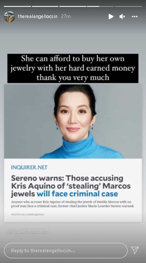 Angel Locsin, dinepensahan si Kris Aquino sa akusasyong ninakaw umano ang Marcos jewels