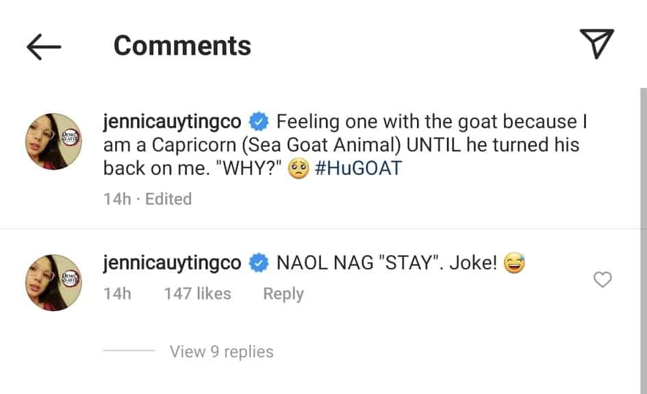 Jennica Garcia cracks joke about people who stay; posts "#huGOAT" photo Jennica Garcia cracks joke about people who stay; posts "#huGOAT" photo