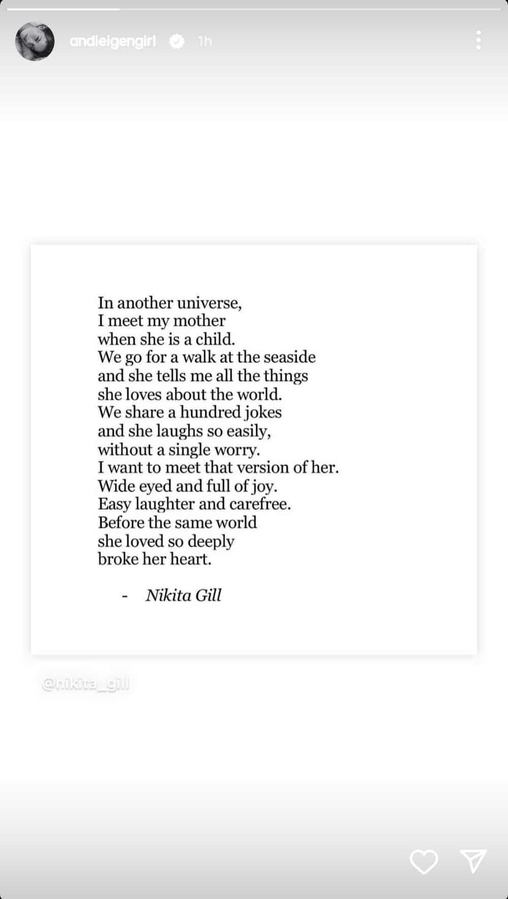Andi Eigenmann shares poem card: "In another universe, I meet my mother"