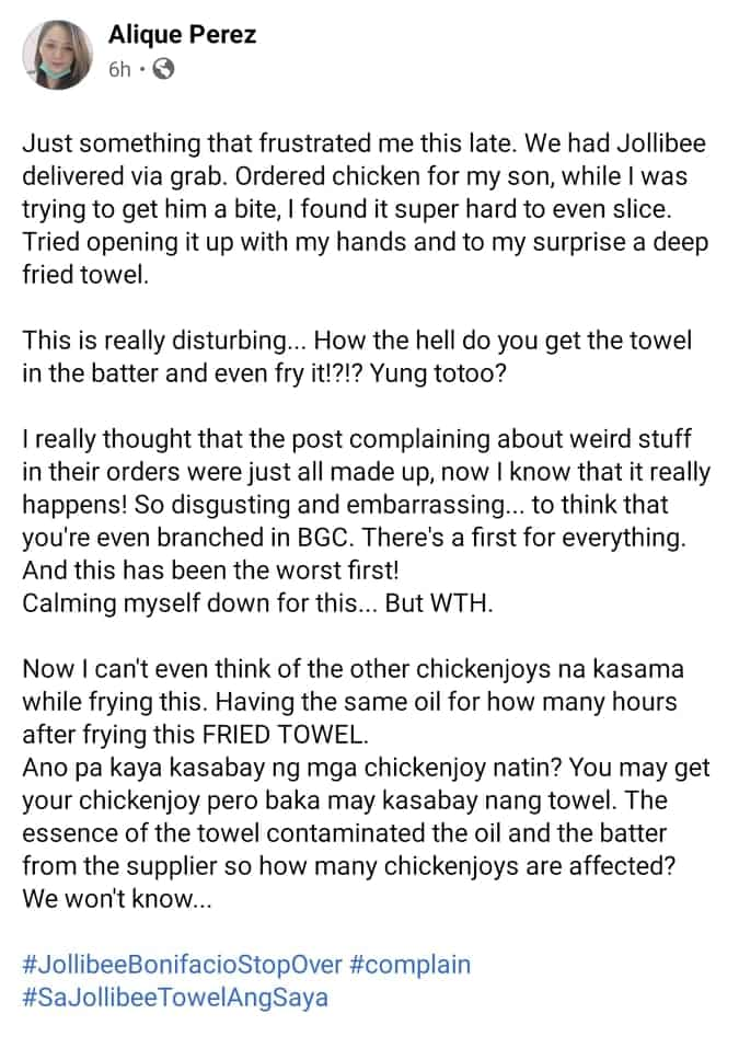 Customer claims that her fried chicken was replaced with fried towel