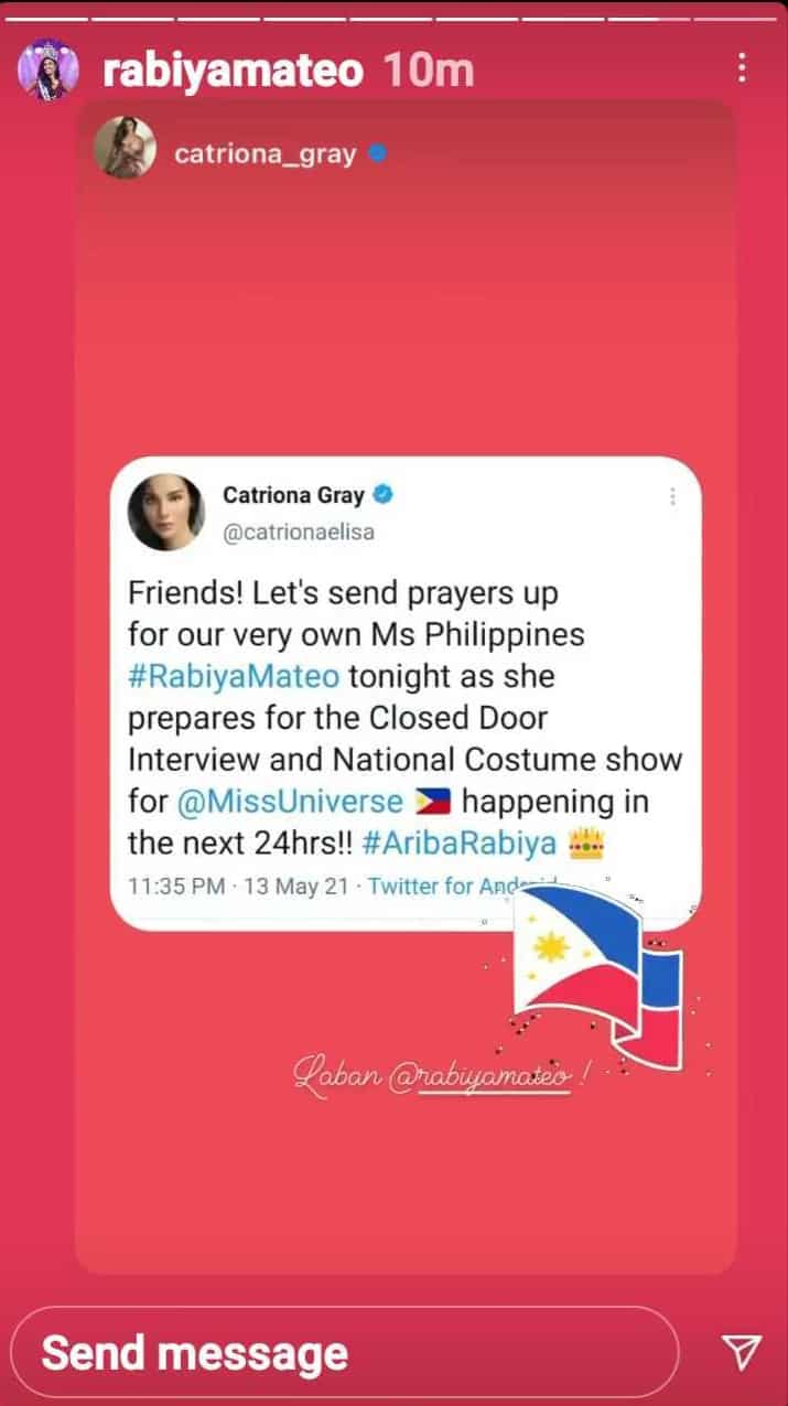 Catriona Gray asks to pray for Rabiya Mateo after accusations she's not supporting the latter
