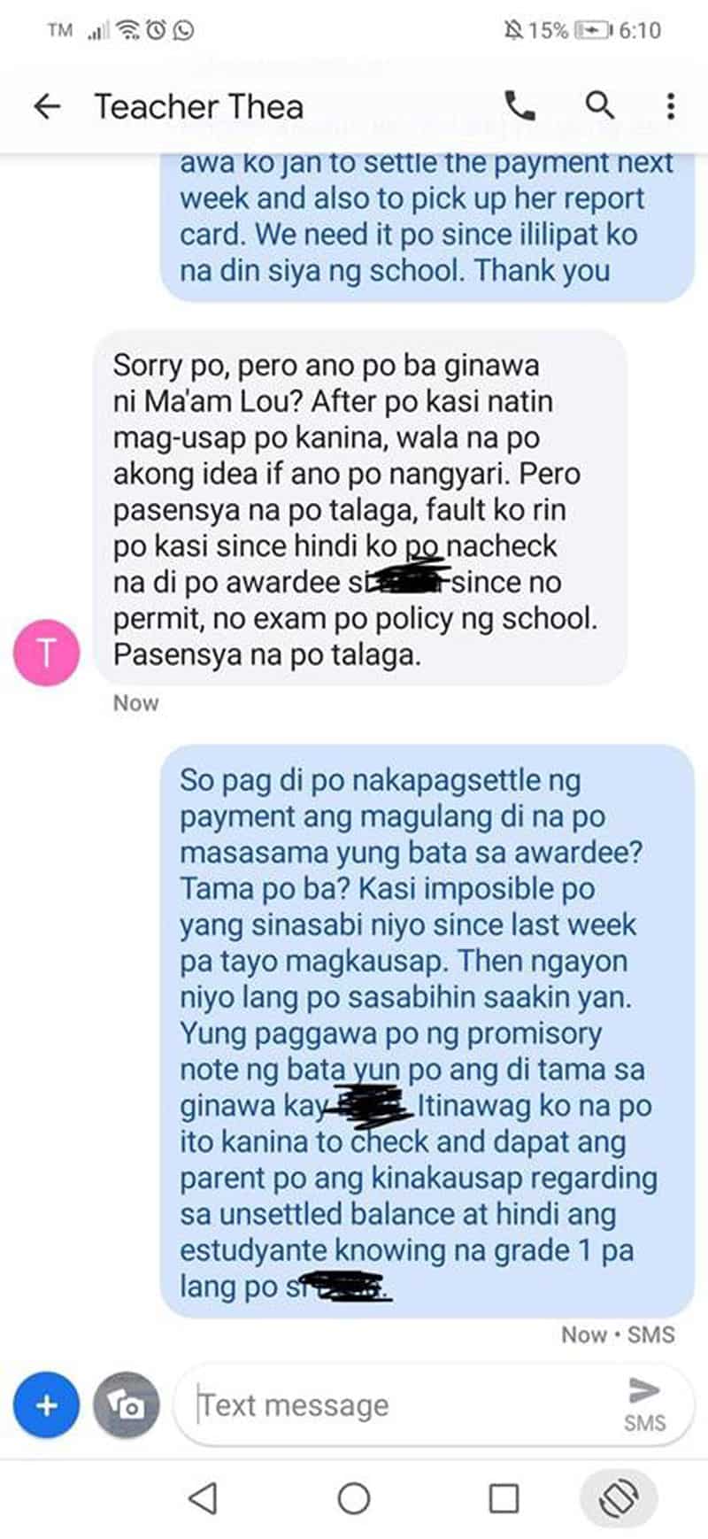 Grade 1 student with unpaid P3K account, ordered to write promissory note, removed from list of awardees