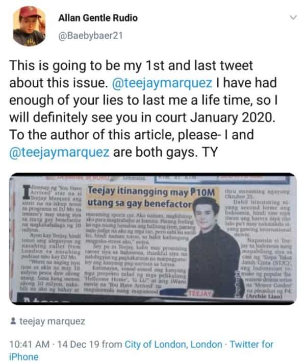 Actor Teejay Marquez gets slammed by his alleged ex-boyfriend for denying ₱10M debt