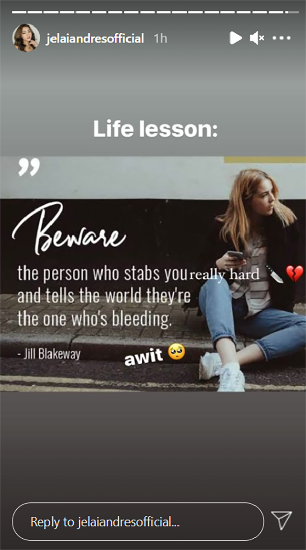 Jelai Andres shares quote about playing the victim card after stabbing someone