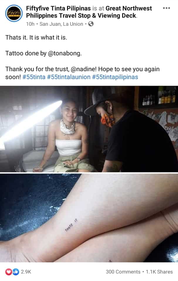 Tattoo shop, dinepensahan ang "thats it" tattoo ni Nadine Lustre mula sa mga bashers