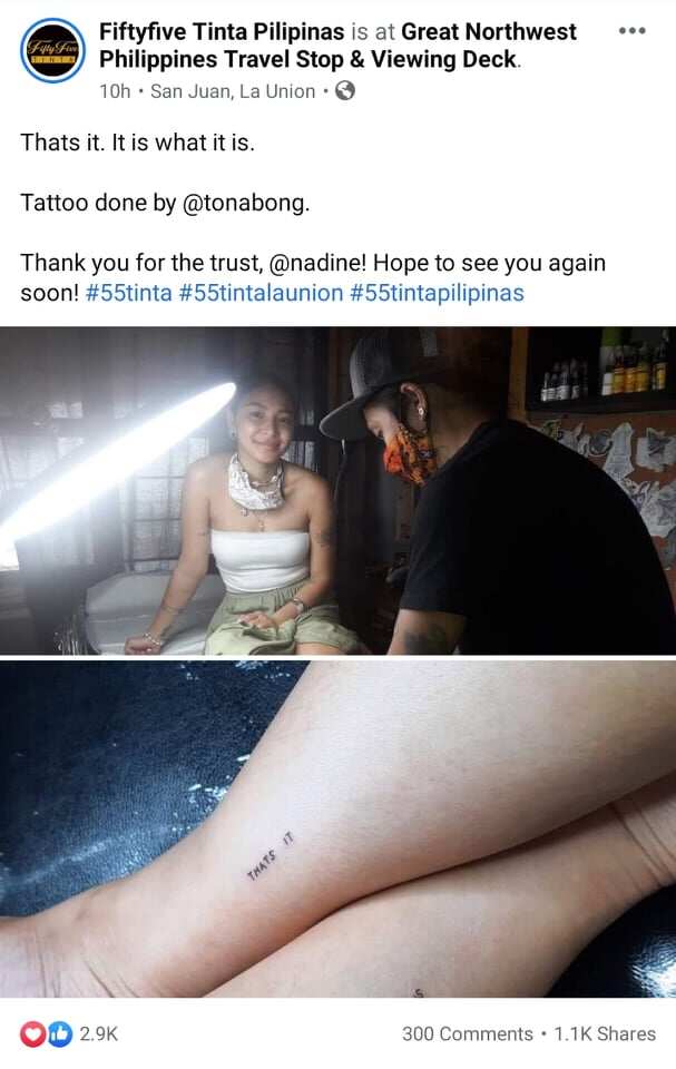 Tattoo shop, dinepensahan ang "thats it" tattoo ni Nadine Lustre mula sa mga bashers