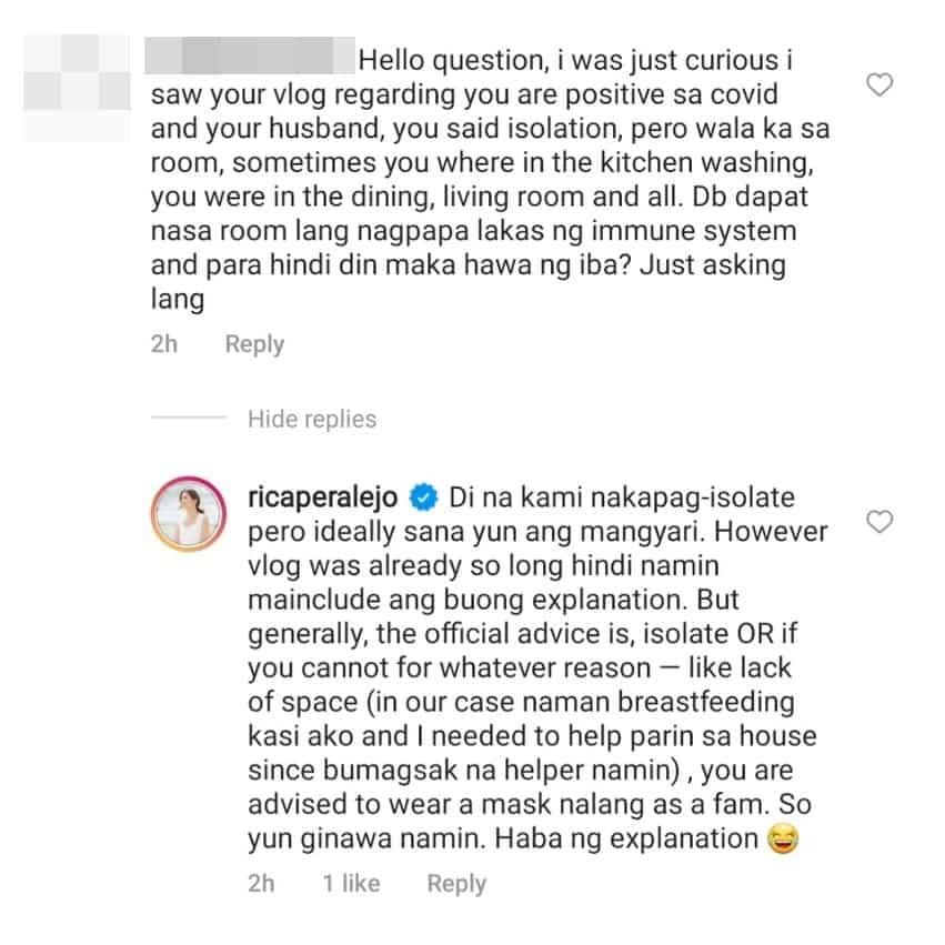 Rica Peralejo, nagpaliwanag sa netizen na kumwestiyon sa di niya pag-isolate