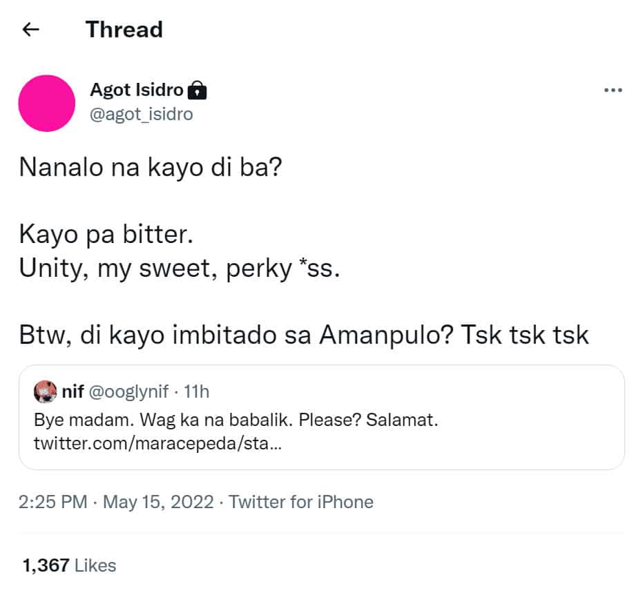 Agot Isidro, nag-react sa post ng netizen ukol kay VP Leni Robredo: “Nanalo na kayo di ba? Kayo pa bitter”