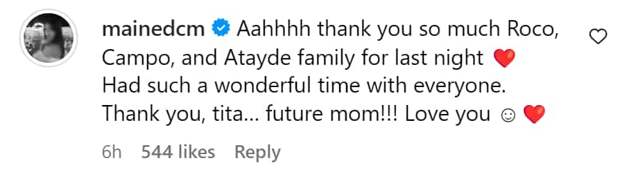 Maine Mendoza thanks Sylvia Sanchez in a comment: “Thank you, tita… future mom”